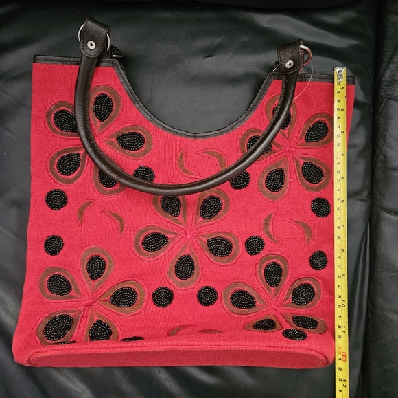 Vintage Handmade Beaded Floral Embroidered Red Tote Bag - Picture 10 of 11